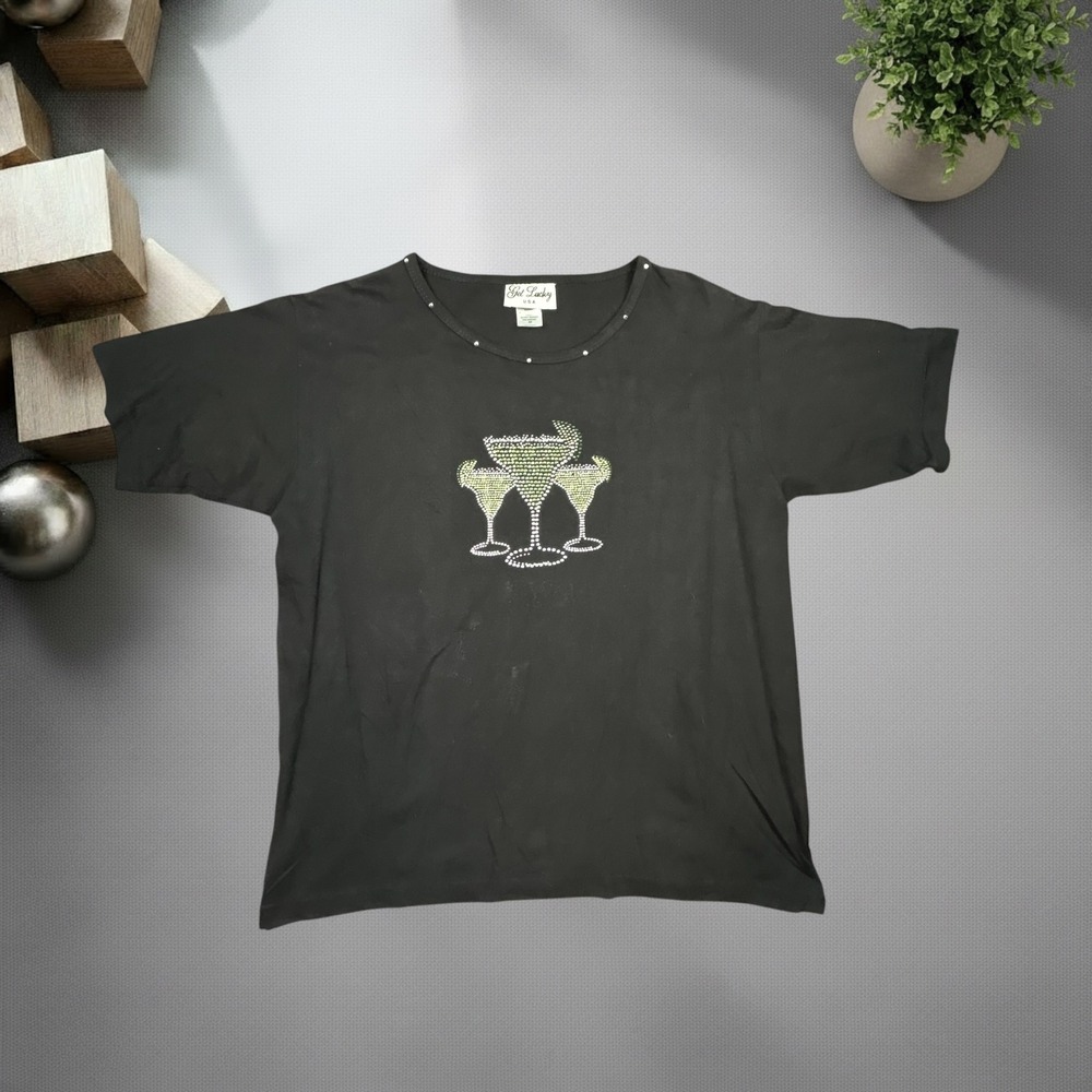 Vintage Get Lucky USA Margarita Rhinestone T-Shirt Black Y2K Studded Neck Size M